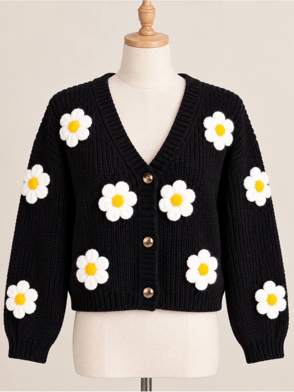 Doe & Rae Black 3D Daisy Flower Applique Knit Cardigan Sweater
